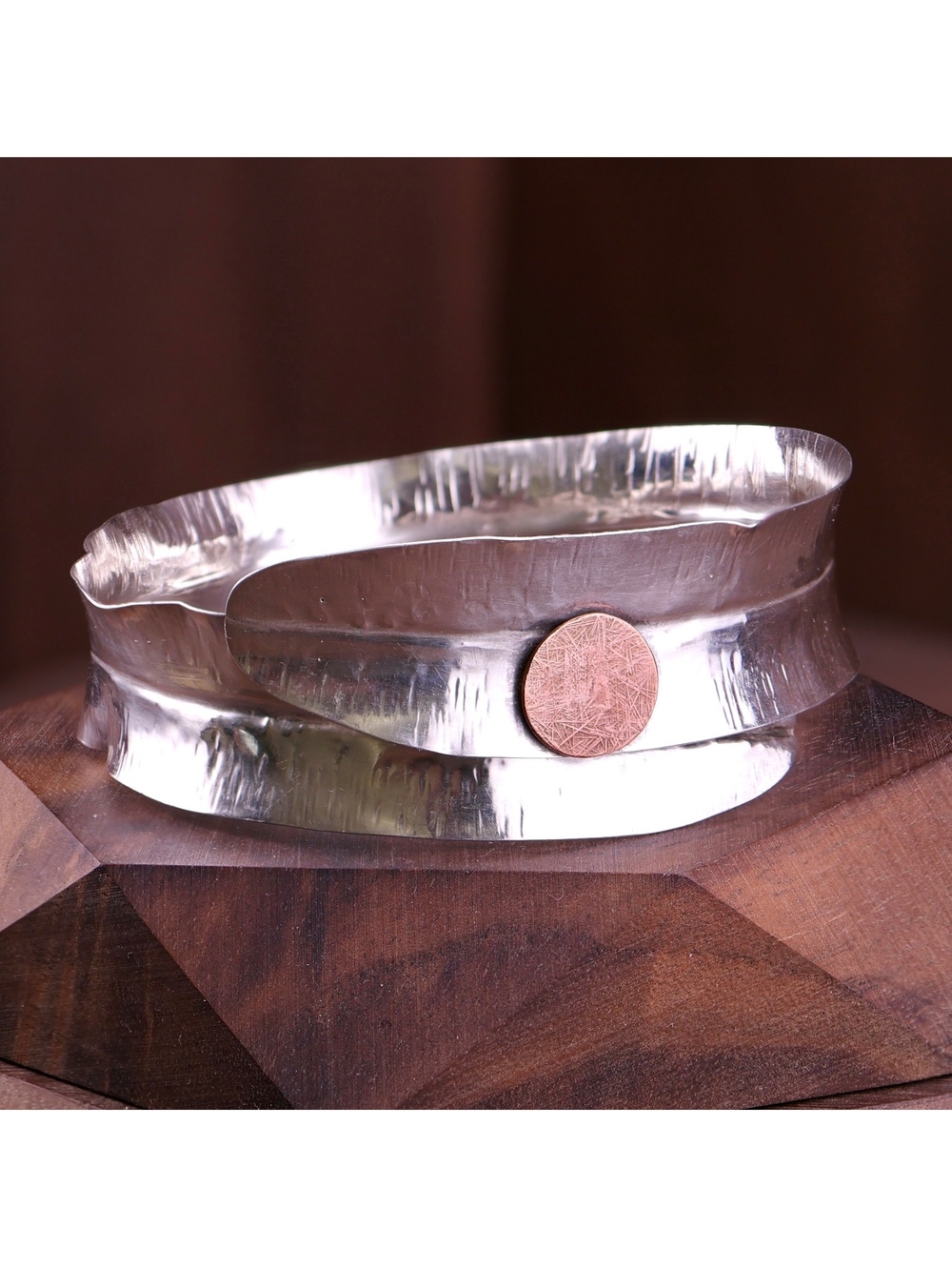 Artisan Modernist Textured Sterling Silver & Copper Bypass Cuff Bracelet 16.2g